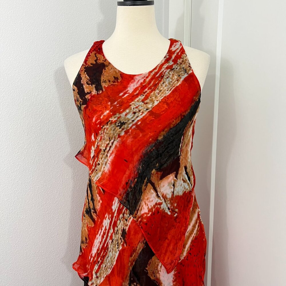 Robert Rodriguez Size 4 Orange, Black Silk Asymmetrical Hem Tiered Tank Dress - Picture 10 of 14